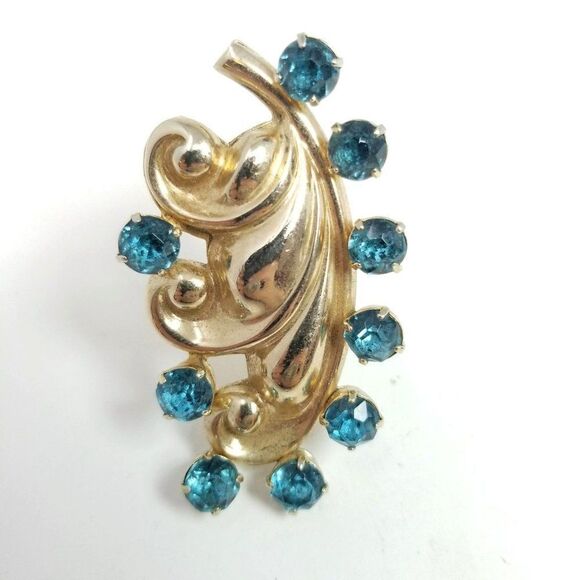 Vintage Barclay Blue Rhinestone and Gold Tone Fur Clip Brooch, 40s Style, Signed - Picture 2 of 8